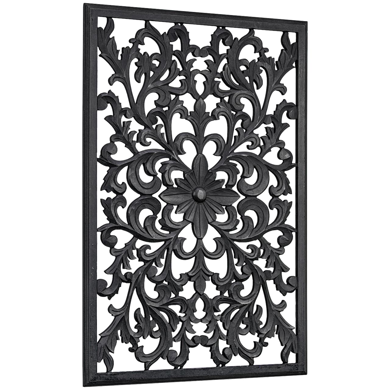 American Art D&#xE9;cor&#x2122; 36&#x22; Black Hand-Carved Floral Wood Medallion Wall Art